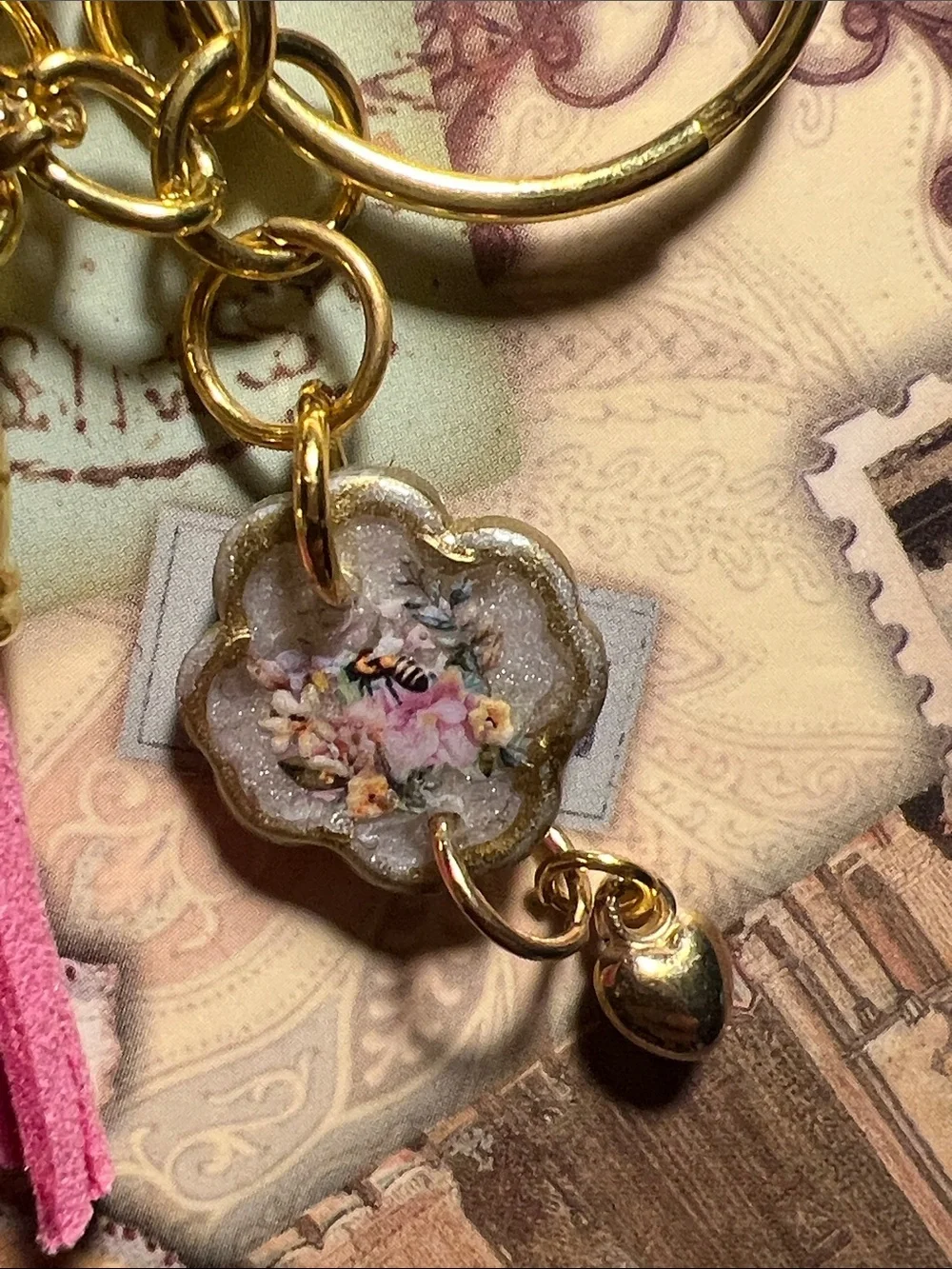 Gold Pink Floral Bear Keychain, backpack or purse Charm.